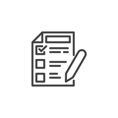Değerlendirme formu çizgi simgesi. Mobil konsept ve web tasarımı için araştırma lineer tarzı işareti. Kalem çizgisi vektör simgesine sahip kontrol listesi. Sembol, logo çizimi. Vektör grafikleri