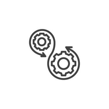 Kontrol süreci çizgi simgesi. Mobil konsept ve web tasarımı için doğrusal biçim işareti. Vites ve oklar vektör simgesini çiziyor. Sembol, logo çizimi. Vektör grafikleri