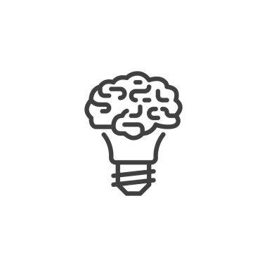 Ampul ve beyin çizgisi ikonu. Mobil konsept ve web tasarımı için doğrusal biçim işareti. Ana hat vektör simgesi beyin fırtınası. Yaratıcı fikir sembolü, logo çizimi. Vektör grafikleri