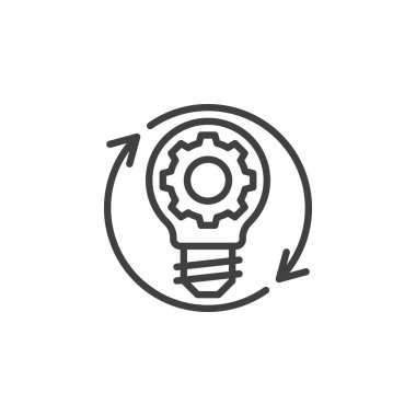 Gelişim çizgisi simgesi. Mobil konsept ve web tasarımı için doğrusal biçim işareti. Dişli ve oklu ampul vektör simgesini çiziyor. Sembol, logo çizimi. Vektör grafikleri