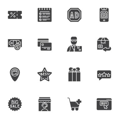 E-ticaret vektör simgeleri seti, modern katı sembol koleksiyonu, doldurulmuş biçim piktogram paketi. İşaretler, logo illüstrasyonu. Seti çevrimiçi alışveriş, büyük satış, çevrimiçi satın alma, dağıtım hizmeti, hediye olarak simgeler içerir