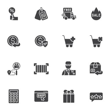 Etrade vektör simgeleri seti, modern katı sembol koleksiyonu, doldurulmuş biçim piktogram paketi. İşaretler, logo illüstrasyonu. Set simgeleri çevrimiçi dükkan, fiyat etiketi, indirim teklifi, dağıtım hizmeti, hediye olarak içerir
