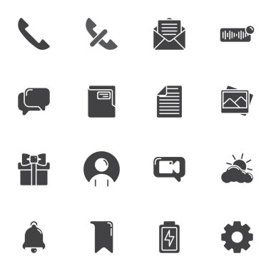 Mobil vektör simgeleri seti için UI UX seti, modern katı sembol koleksiyonu, doldurulmuş biçim piktogram paketi. İşaretler, logo illüstrasyonu. Ayarlar telefon çağrısı, e- posta iletisi, pil şarjı, hava durumu olarak simgeleri içerir