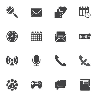 Mobil UI kit vektör simgeleri seti, modern katı sembol koleksiyonu, doldurulmuş biçim piktogram paketi. İşaretler, logo illüstrasyonu. Ayarlar telefon çağrısı, mikrofon, saat, e-posta, takvim, kablosuz ağ olarak simgeleri içerir