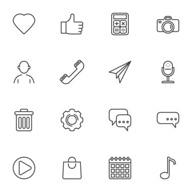 Mobil ui kit çizgisi simgeleri seti, ana hat vektör sembolü koleksiyonu, doğrusal biçim piktogram paketi. İşaretler, logo illüstrasyonu. Kamera, mikrofon, kişi, takvim, alışveriş çantası, müzik olarak simgeler