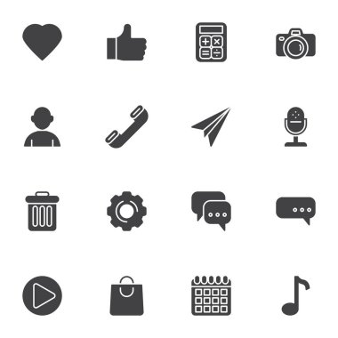 Mobil ui kit vektör simgeleri seti, modern katı sembol koleksiyonu, doldurulmuş biçim piktogram paketi. İşaretler, logo illüstrasyonu. Kamera, mikrofon, kişi, takvim, alışveriş çantası, müzik olarak simgeler