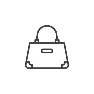 Kadın çanta hattı ikonu. Mobil konsept ve web tasarımı için doğrusal biçim işareti. Hanımlar ana hatlı vektör simgesini torbaya koyar. Sembol, logo çizimi. Vektör grafikleri
