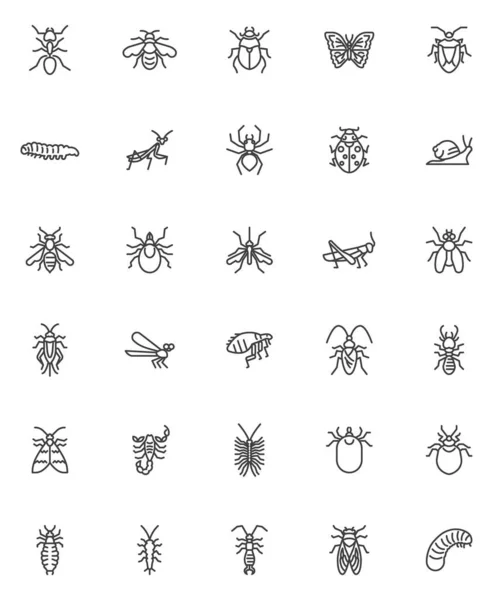 Insectes Animaux Ligne Icônes Ensemble Collection Symboles Style Linéaire Pack — Image vectorielle