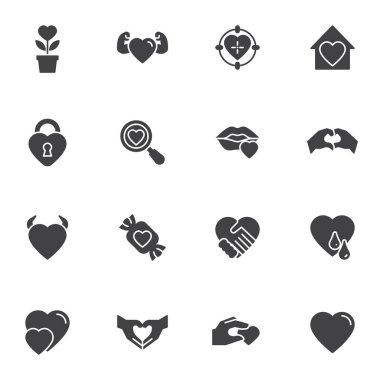 Kalp ve aşk vektör simgeleri seti, modern katı sembol koleksiyonu, doldurulmuş resim paketi. İşaretler, logo illüstrasyonu. Sette merhamet simgeleri, kalp ile el, öpücük dudaklar, aşk arayışı vardır