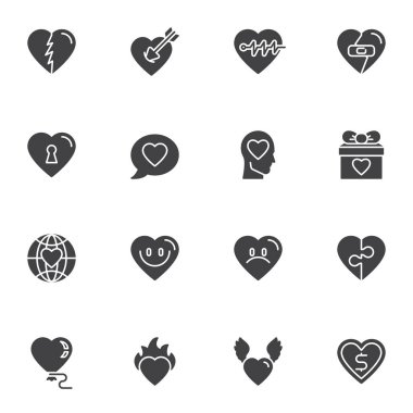 Kalp vektör simgeleri seti, modern katı sembol koleksiyonu, doldurulmuş biçim piktogram paketi. Logo illüstrasyonu işaretleri. Set, kalp atışı olarak simgeleri, oklu kalbi, aşk sohbet mesajını, sevgililer günü hediyesini içerir