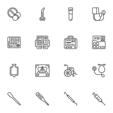 Tıbbi araç çizgisi simgeleri ayarlandı, taslak vektör sembolü koleksiyonu, doğrusal biçim piktogram paketi. İşaretler, logo illüstrasyonu. Dekorasyon simgeleri defibrilatör makinesi, tıbbi steteskop, tekerlekli sandalye olarak içerir