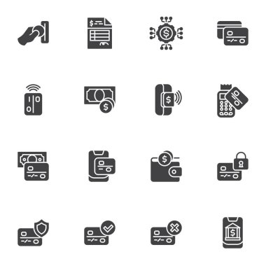 Ödeme servisi vektör simgeleri seti, modern katı sembol koleksiyonu, doldurulmuş biçim piktogram paketi. İşaretler, logo illüstrasyonu. Set simgeleri çevrimiçi ödeme, kredi kartı, nakit para, mobil bankacılık olarak içerir