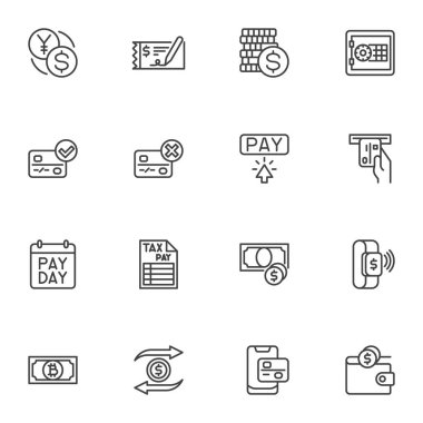 Ödeme bağlantılı çizgi simgeleri seti, ana hat vektör koleksiyonu, doğrusal biçim piktogram paketi. İşaretler, logo illüstrasyonu. Kümeler para değişimi, nakit para, kredi kartı, banka kasası olarak simgeleri içerir