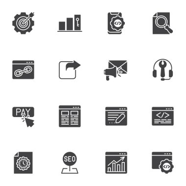 SEO vektör simgeleri seti, modern katı sembol koleksiyonu, doldurulmuş biçim piktogram paketi. İşaretler, logo illüstrasyonu. Geliştirme, arama motoru optimizasyonu, kodlama, programlama olarak simgeleri içerir
