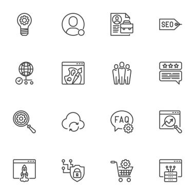 Arama motoru optimizasyon çizgisi simgeleri seti, ana hatlı vektör sembolü koleksiyonu, doğrusal biçim piktogram paketi. İşaretler, logo illüstrasyonu. Set simgeleri SEO, faq, destek, geliştirme, iniş sayfası olarak içerir