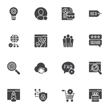Arama motoru optimizasyon vektör simgeleri seti, modern katı sembol koleksiyonu, doldurulmuş biçim piktogram paketi. İşaretler, logo illüstrasyonu. Set simgeleri SEO, faq, destek, geliştirme, iniş sayfası olarak içerir