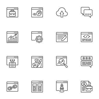 SEO, arama motoru optimizasyon çizgisi simgeleri seti, ana hatlı vektör sembolü koleksiyonu, doğrusal resim paketi. İşaretler, logo illüstrasyonu. Web geliştirme, kodlama, programlama olarak simgeleri içerir