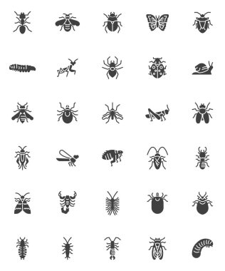 Böceklerin hayvan vektör simgeleri seti, modern katı sembol koleksiyonu, doldurulmuş biçim piktogram paketi. Logo illüstrasyonu işaretleri. Set simgeleri: karınca, böcek, böcek, örümcek, tırtıl, kelebek, sivrisinek