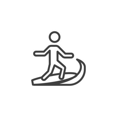 Sörf sporu simgesi. Mobil konsept ve web tasarımı için doğrusal biçim işareti. İnsan sörf ana hatları vektör simgesine biniyor. Sembol, logo çizimi. Vektör grafikleri