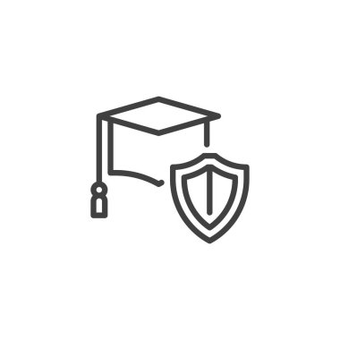 Eğitim sigortası ikonu. Mobil konsept ve web tasarımı için doğrusal biçim işareti. Mezuniyet şapkası koruma kalkanı ana hatları vektör simgesi. Sembol, logo çizimi. Vektör grafikleri