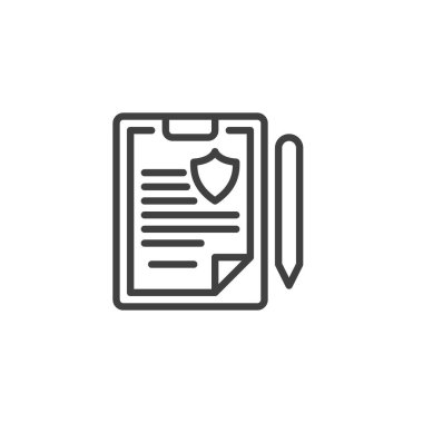Sigorta poliçesi ikonu. Mobil konsept ve web tasarımı için doğrusal biçim işareti. Sigorta anlaşması vektör ikonunu özetliyor. Sembol, logo çizimi. Vektör grafikleri