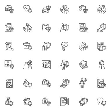 Sigorta servisi simgeleri ayarlandı. Doğrusal biçim sembolleri koleksiyonu, ana tabela işaretleri paketi. Sigortayla ilgili vektör grafikleri. Evlilik sözleşmesi olarak simgeler, mali politika, anlaşma sözleşmesi