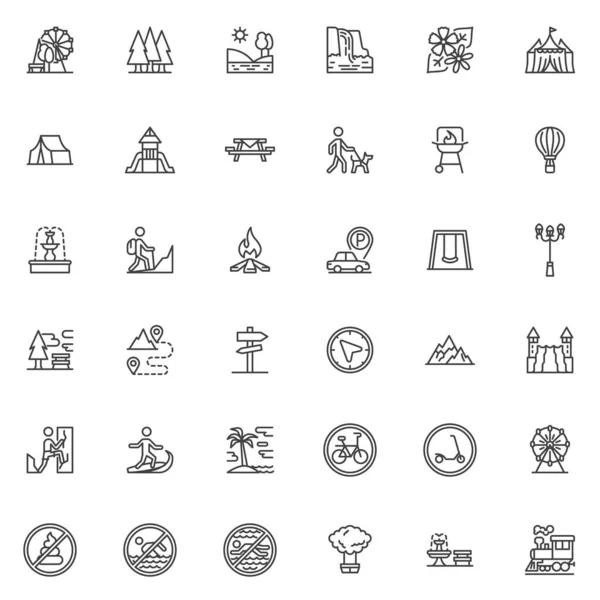 Park and outdoors line icons set. linear style symbols collection, outline signs pack. Outdoor recreation vector graphics. Set includes icons as forest, camping, playground, hiking, picnic, beach