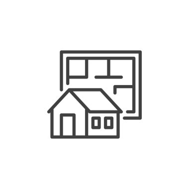 Ev projesi ikonu. Mobil konsept ve web tasarımı için mimar tasarımı çizimi doğrusal işareti. Kulübe planı vektör simgesini belirler. Sembol, logo çizimi. Vektör grafikleri