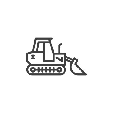 İnşaat sürüngen kamyon hattı simgesi. Mobil konsept ve web tasarımı için doğrusal biçim işareti. Buldozer kamyonunun ana hatları vektör ikonu. Sembol, logo çizimi. Vektör grafikleri