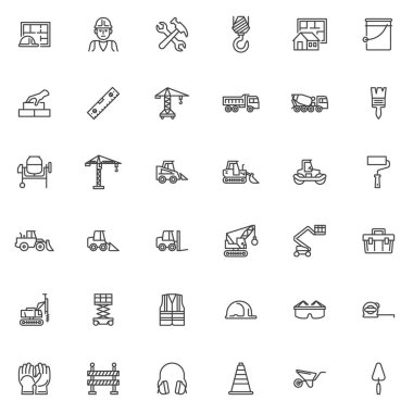 Bina ve inşaat çizgisi simgeleri ayarlandı. Doğrusal biçim sembolleri koleksiyonu, ana tabela işaretleri paketi. İnşaat aracı vektör grafikleri. Endüstriyel makine, güvenlik ekipmanı ve araç olarak simgeleri küme