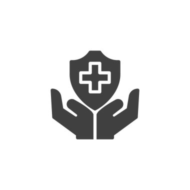 Tıbbi sigorta vektör ikonu. Eller ve tıbbi kalkan mobil konsept ve web tasarımı için düz tabela doldurdu. Heath Care sembolü. Sembol, logo çizimi. Vektör grafikleri