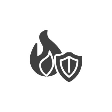 Yangın sigortası ikonu. Mobil konsept ve web tasarımı için düz tabela. Kalkan simgesini ateşle. Sembol, logo çizimi. Vektör grafikleri