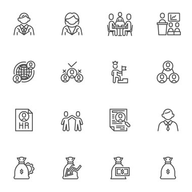 İş adamları çizgi simgeleri seti, ana hatlar vektör sembolü koleksiyonu, doğrusal resim paketi. Logo illüstrasyonu işaretleri. Set simgeleri işadamı, iş kadını, insan kaynakları, ofis toplantısı