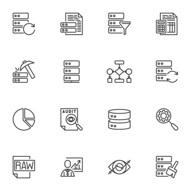 Veri analiz çizgisi simgeleri ayarlandı, büyük veri analizi ana hatları vektör sembolü koleksiyonu, doğrusal biçim piktogram paketi. İşaretler, logo illüstrasyonu. İstatistik diyagramı, veritabanı, denetim olarak simgeleri içerir