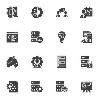 Veri analiz vektör simgeleri seti, modern katı sembol koleksiyonu, doldurulmuş biçim piktogram paketi. İşaretler, logo illüstrasyonu. Büyük veri olarak simgeleri, bilişim analizlerini, yapılandırılmış sorgulama dilini, sql
