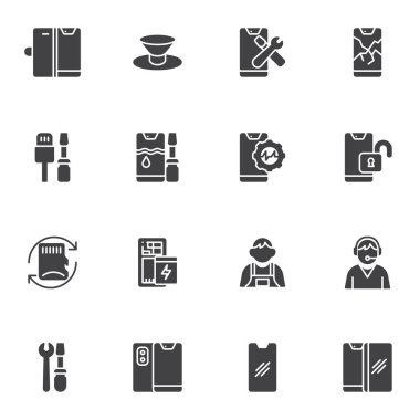 Cep telefonu servis vektör simgeleri seti, modern katı sembol koleksiyonu, doldurulmuş resim paketi. Logo illüstrasyonu işaretleri. Akıllı telefon teşhisi ve koruyucu cam değişimi olarak simgeleri içerir