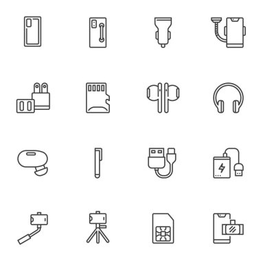 Cep telefonu aksesuar çizgisi simgeleri seti, ana hatlı vektör sembolü koleksiyonu, doğrusal resim paketi. İşaretler, logo illüstrasyonu. Akıllı telefon özçekim çubuğu, mobil şarj aleti, SD kartı olarak simgeler
