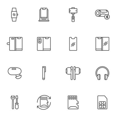 Telefon aksesuar çizgisi simgeleri seti, ana hatlı vektör sembolü koleksiyonu, doğrusal stil piktogram paketi. İşaretler, logo illüstrasyonu. Cep telefonu koruma camı, onarım servisi, kulaklık olarak simgeler