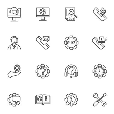Teknik destek çizgisi simgeleri ayarlandı, taslak vektör sembolü koleksiyonu, doğrusal biçim piktogram paketi. İşaretler, logo illüstrasyonu. Ayarlar müşteri desteği, çağrı merkezi yardımcısı, çevrimiçi yardım olarak simgeleri içerir