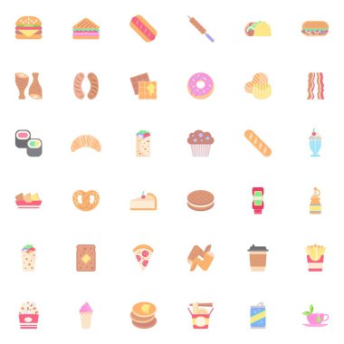 Fast food elemanları koleksiyonu, abur cubur düz ikonlar, renkli semboller içeriyor - burger, shawarma, pizza, milkshake, dondurma, patates kızartması, erişte. Vektör çizimi. Düz biçim tasarımı