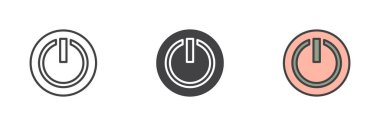 Güç kapatma düğmesi farklı biçim simgesi seti. Çizgi, kabartma ve doldurulmuş renkli versiyon, ana hatlar ve doldurulmuş vektör işareti. Sembol, logo çizimi. Vektör grafikleri