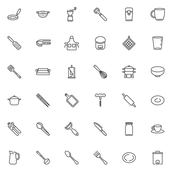 Набор Иконок Кухонных Инструментов Коллекция Символов Линейного Стиля Набор Контурных — стоковый вектор