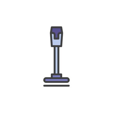 El bilgisayarı süpürgesi ana hatları doldurmuş, çizgi vektör işareti, beyaz üzerine izole edilmiş doğrusal renkli resim. Sembol, logo çizimi. Vektör grafikleri