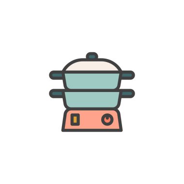 Yiyecek Buharlısı ana hatları doldurdu, çizgi vektör işareti, beyaz üzerine izole edilmiş doğrusal renkli resim. Sembol, logo çizimi. Vektör grafikleri