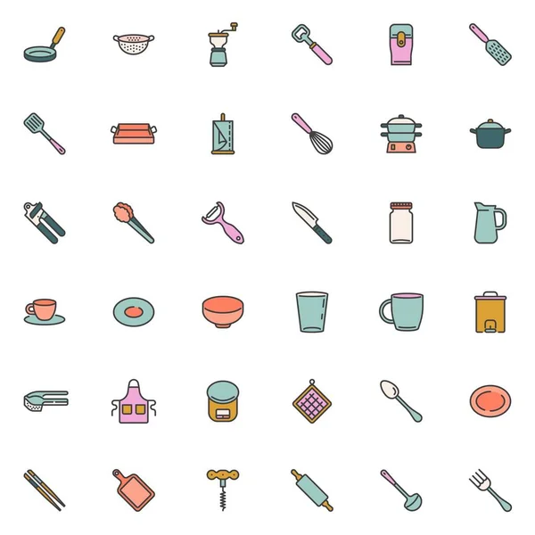 Ensemble Icônes Contour Remplies Ustensiles Cuisine Collection Symboles Vectoriels Linéaires — Image vectorielle
