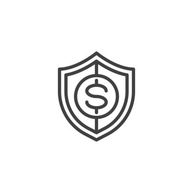 Finansal koruma hattı ikonu. Mobil konsept ve web tasarımı için doğrusal biçim işareti. Para ana hatları vektör simgesi olan bir kalkan. Sembol, logo çizimi. Vektör grafikleri