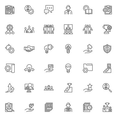 İş yönetimi çizgisi simgeleri ayarlandı. Doğrusal biçim sembolleri koleksiyonu, ana tabela işaretleri paketi. İş planlama vektör grafikleri. Set yönetici olarak simge, takım çalışması, işbirliği, işbirliği ve bütünlük içerir