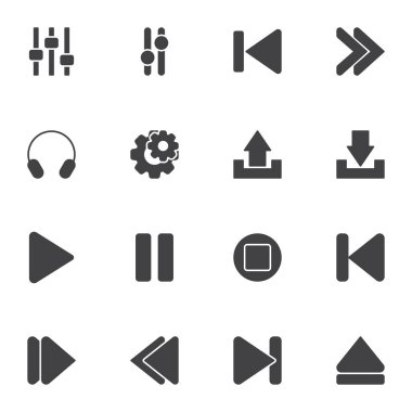 Ortam oynatıcı UI vektör simgeleri seti, modern katı sembol koleksiyonu, doldurulmuş biçim piktogram paketi. İşaretler, logo illüstrasyonu. Video ve ses oynatıcı arayüzü, çalma düğmesi, duraklat olarak simgeleri ayarla