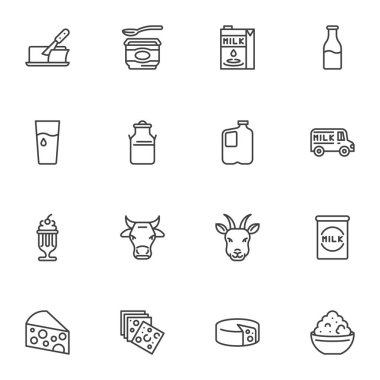 Süt ürün çizgisi simgeleri seti, ana hatlı vektör sembolü koleksiyonu, doğrusal biçim piktogram paketi. İşaretler, logo illüstrasyonu. Set simgeleri tereyağı, süt paketi, peynir, dondurma, yoğurt şişesi, inek şeklinde