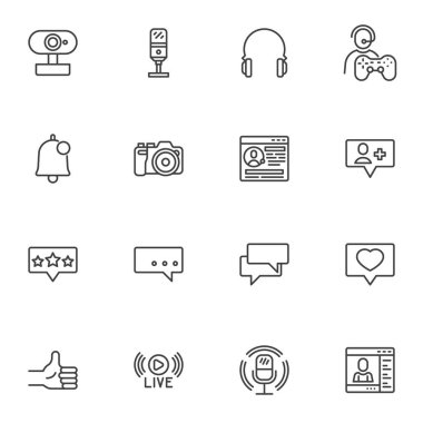 Sosyal medya çizgisi simgeleri seti, ana hatlı vektör sembolü koleksiyonu, doğrusal biçim piktogram paketi. İşaretler, logo illüstrasyonu. Sohbet iletisi, yorum, podcast, web sitesi sayfası, canlı yayın olarak simgeleri